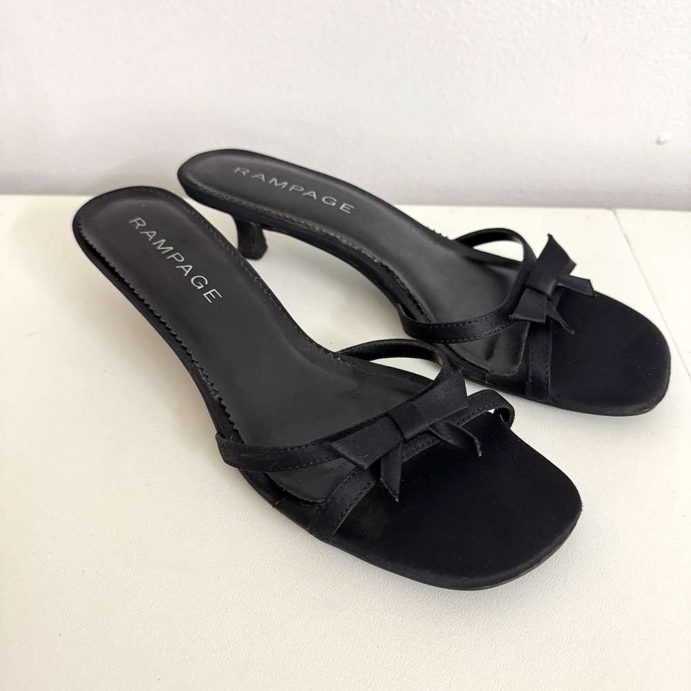 Rampage Y2K Satin Bow Kitten Heels Sandals Sz 7.5 Black HOCO Event Balletcore